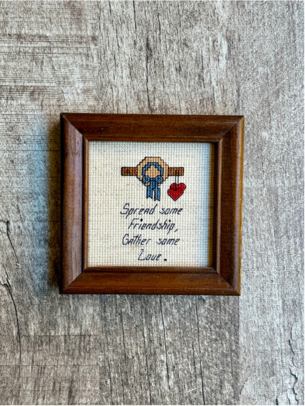 Vintage Mini Cross Stitch Framed Quote Spread Friendship Gather Love Wood Frame